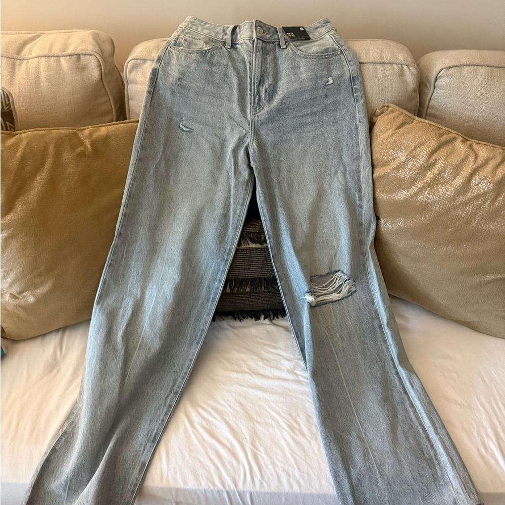Express Women's High Waisted Wide Leg Light Blue Distressed Wide Jeans
